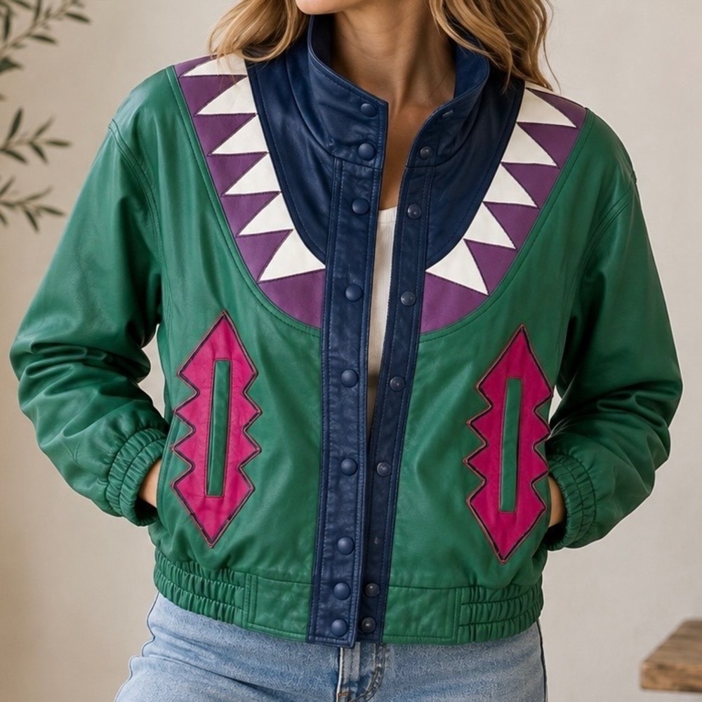Cotton Wood Creek Vintage Leather Jacket Colorblock Geometric 80s 90s Small